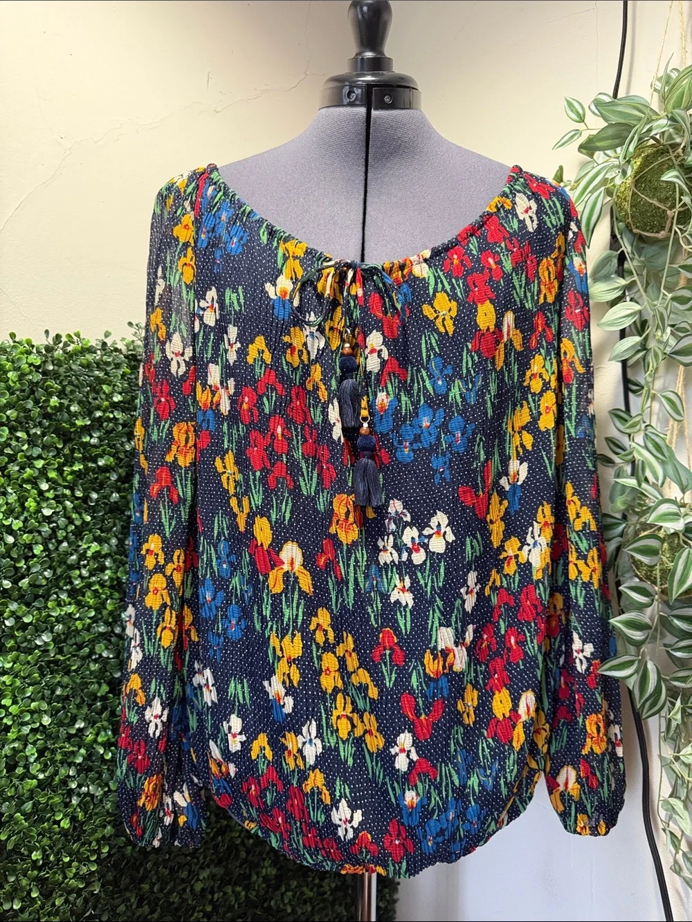 Tory Burch Navy Floral Tie-Neck Peasant Blouse with Tassels